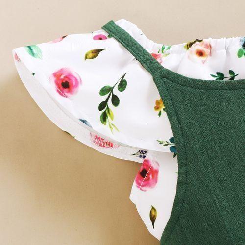 Kids Girls Outfit Set INS Fashion Floral Tank Tops + Bib Pants -Green