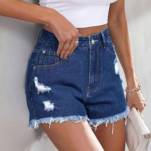 Temperament gentle commuter elegant trend pockets,Raw edge sports young college versatile shorts,Dark blue ladies casual sexy street broken jeans
